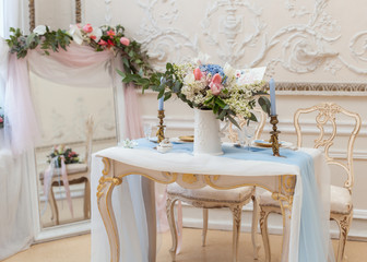 details of wedding decor, festive table, wedding bouquet