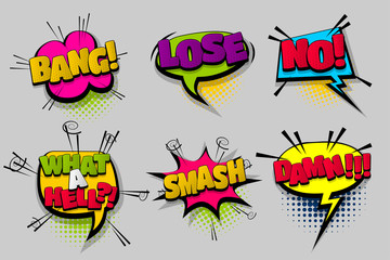 Lose bang no DAMN pop set hand drawn pictures effects template comics speech bubble halftone dot background pop art style. Comic dialog cloud. Idea conversation sketch explosion.