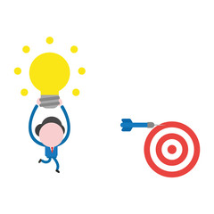 Vector businessman character running and carrying glowing light bulb to dart miss the mark on bulls eye