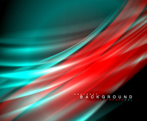 Neon glowing wave, magic energy and light motion background. Vector wallpaper template