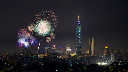 Taipei cityscape Night light with fireworks 5