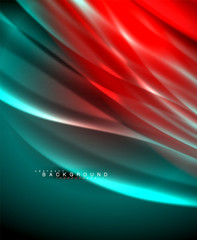 Neon glowing wave, magic energy and light motion background. Vector wallpaper template