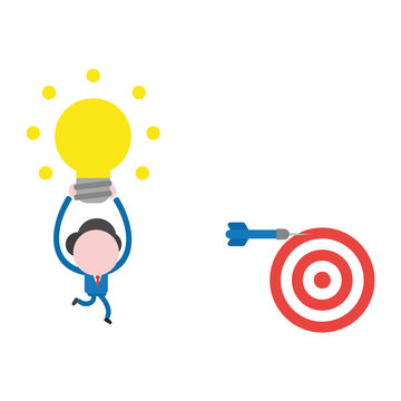 Vector Businessman Character Running And Carrying Glowing Light Bulb To Dart Miss The Mark On Bulls Eye