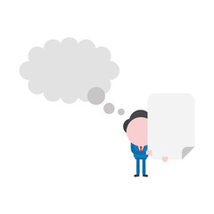 Vector businessman character with blank thought bubble and holding blank paper