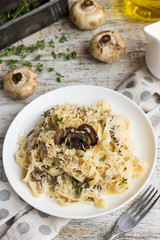 Fetuchini alfredo with mushrooms and chicken ham in creamy cheese sauce