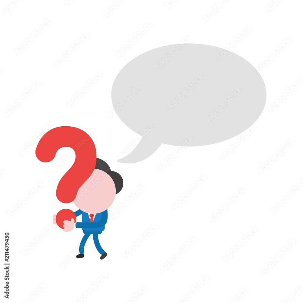 Poster vector businessman character with blank speech bubble and walking and holding question mark