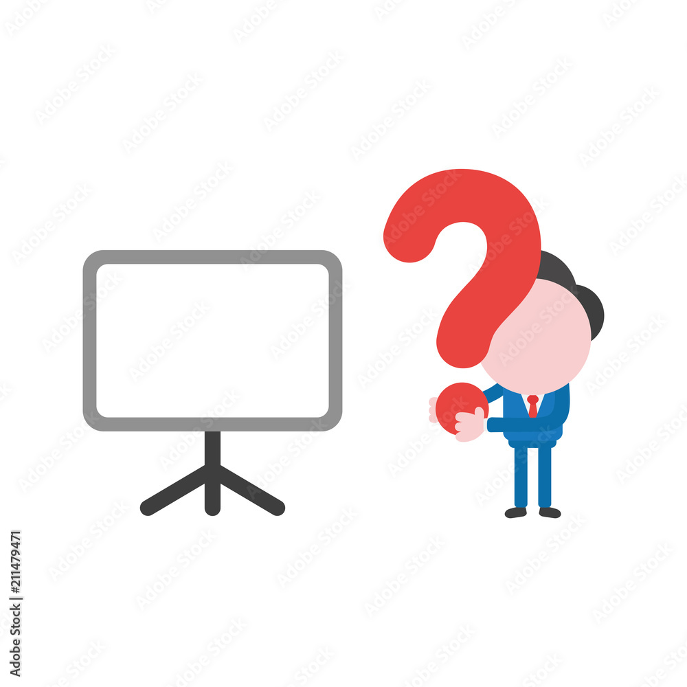 Poster vector businessman character with blank presentation chart and holding question mark
