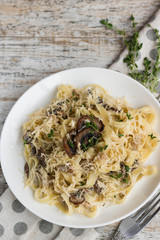 Fetuchini alfredo with mushrooms and chicken ham in creamy cheese sauce