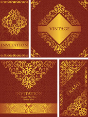 Set of four invitations with golden vintage elements and seamless background