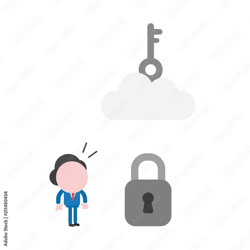 Poster vector businessman character looking key on cloud to unlock padlock