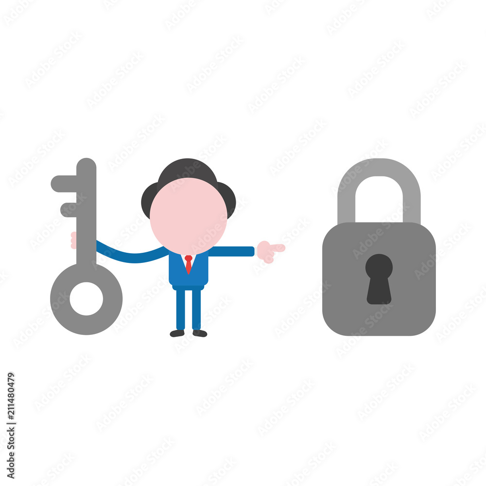 Poster vector businessman character holding key and pointing padlock to unlock