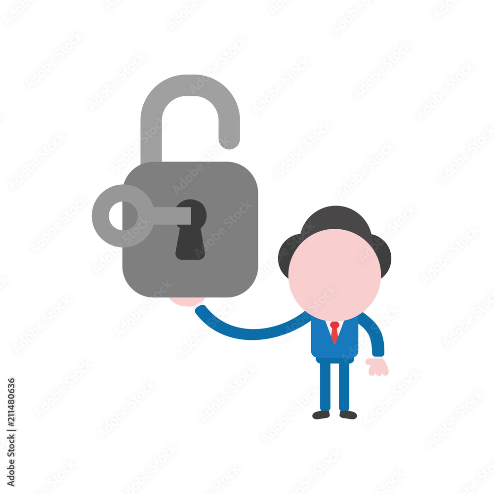 Poster vector businessman character holding open padlock with key
