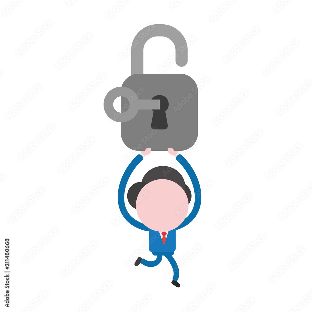 Poster vector businessman character running and carrying open padlock with key