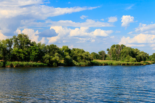 Summer landscape with beautiful lake, green trees and blue sky