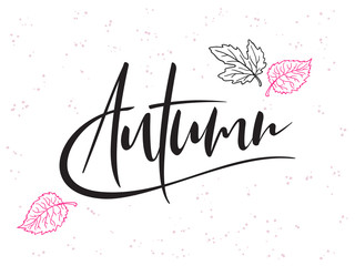 vector hand lettering text about autumn with doodle leaves and dots