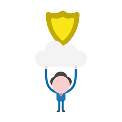 Vector businessman character holding up cloud with guard shield