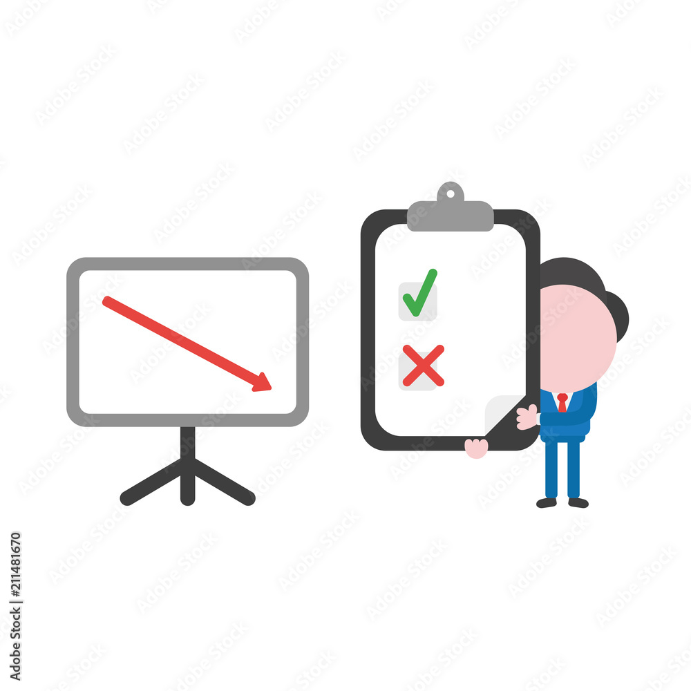 Poster vector businessman character with sales chart arrow moving down and holding clipboard with check and