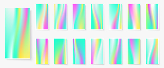 Holographic background. Multicolor texture. Hologram glitch. Smooth blur. Smartphone wallpapers bundle. Trendy vector backdrops for gadget. Phone screen vibrant textures.