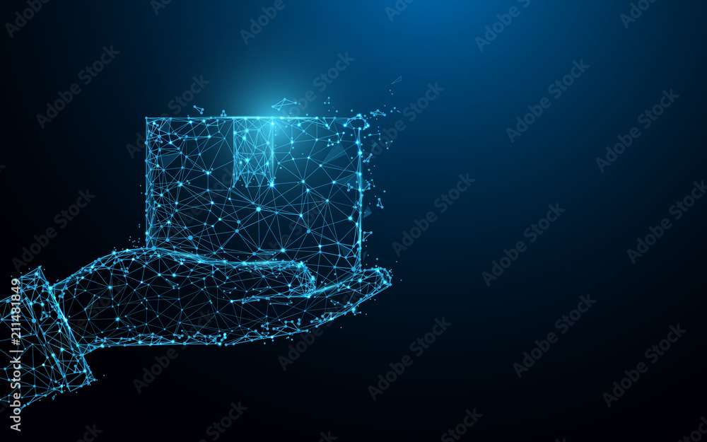 Fototapete hand holding package box form lines, triangles and particle style design. illustration vector