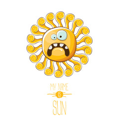 vector funky cartoon style summer sun character isolated on white background. My name is sun concept illustration. funky kids summer character with eyes and mouth