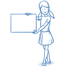 Happy young girl holding a billboard. Hand drawn cartoon doodle vector illustration. 