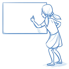 Happy young school girl writing on a blackboard. Hand drawn cartoon doodle vector illustration. 