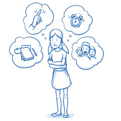 Sad young girl standing with arm around her with thought bubbles of her worries. Hand drawn cartoon doodle vector illustration. 