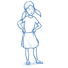 Young girl looking angry with her hands on her hips. Hand drawn cartoon doodle vector illustration. 