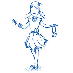 Happy young girl being proud of her beautiful dress and accessories. Hand drawn cartoon doodle vector illustration. 