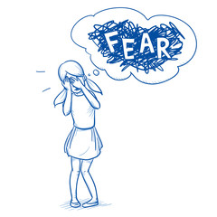 Young girl covering her eyes with fear. Hand drawn cartoon doodle vector illustration. 