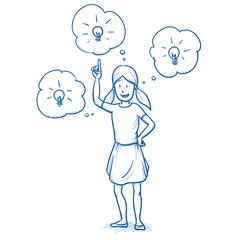 Happy young girl having ideas, pointing to light bulbs in thought bubbles . Hand drawn cartoon doodle vector illustration.
