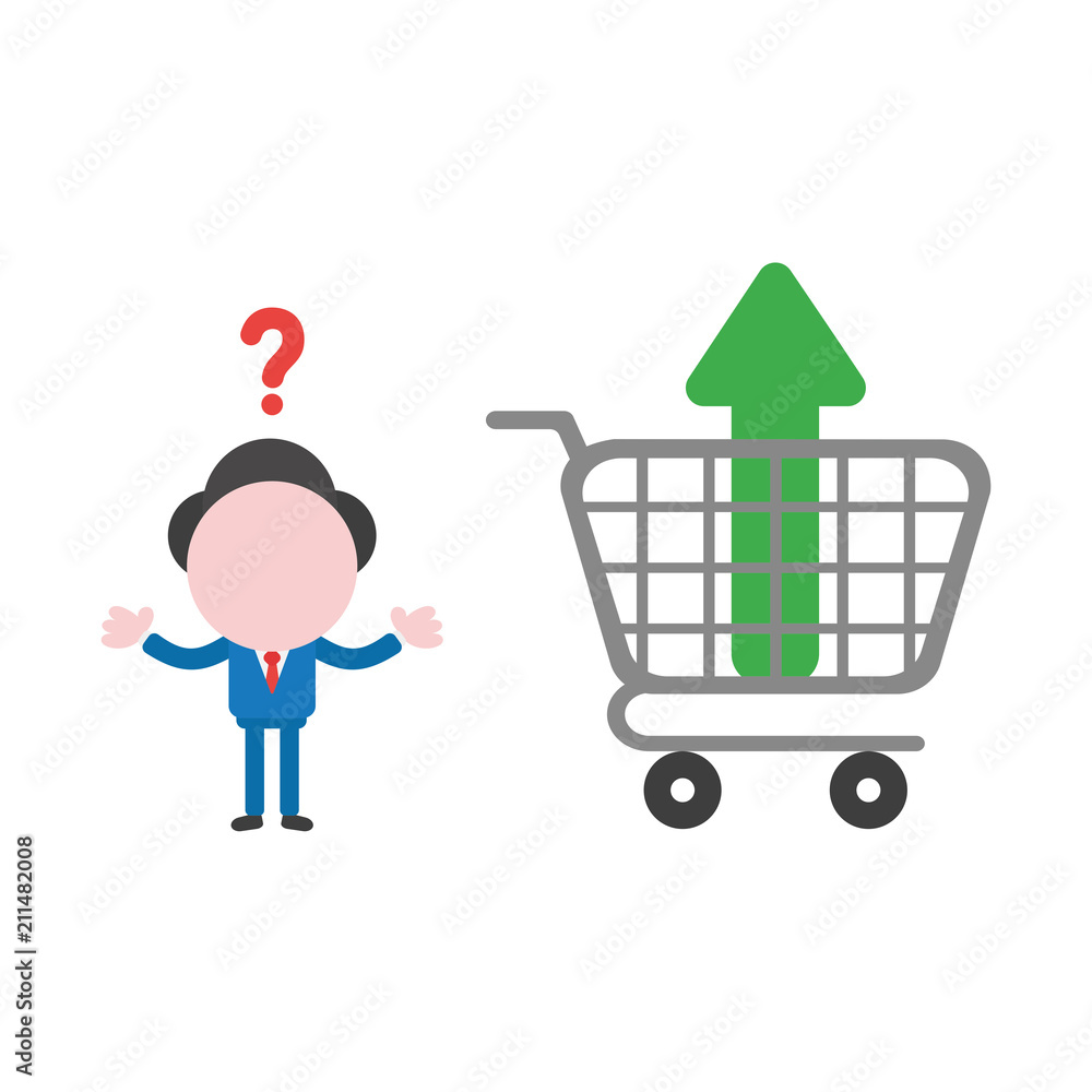 Poster vector confused businessman character with arrow moving up inside shopping cart