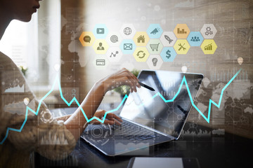 Colored applications icons and graphs on virtual screen. Business, internet and technology concept.
