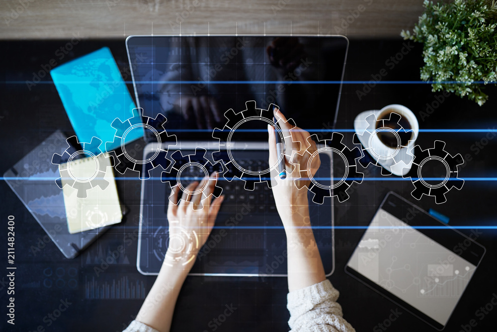 Poster gears on virtual screen. business strategy and technology concept. automation process.