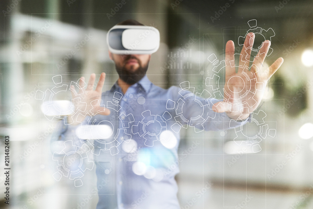 Poster gears on virtual screen. business strategy and technology concept. automation process.
