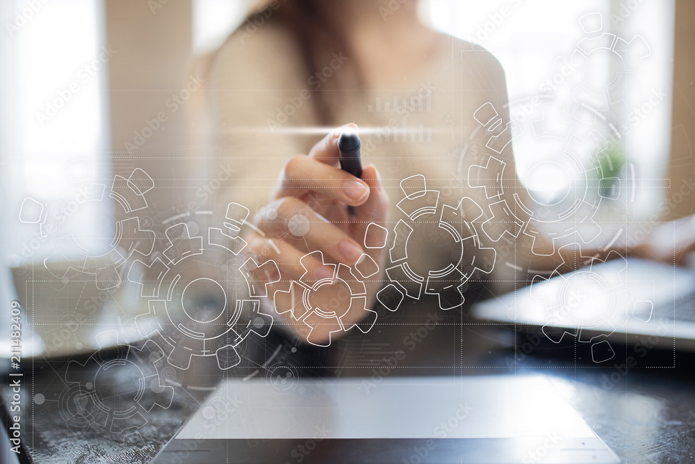 Poster gears on virtual screen. business strategy and technology concept. automation process.