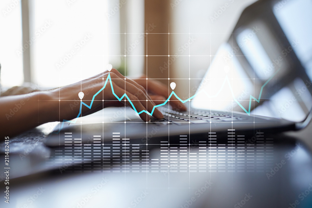 Poster diagrams and graphs on virtual screen. business strategy, data analysis technology and financial gro