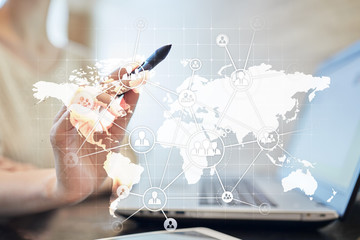 Global Outsourcing and Recruitment concept on virtual screen.  Modern business solution.
