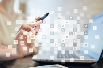 Virtual screen interface with applications icons. APPS. Work Business process in modern office. Strategy planning  Internet technology concept.