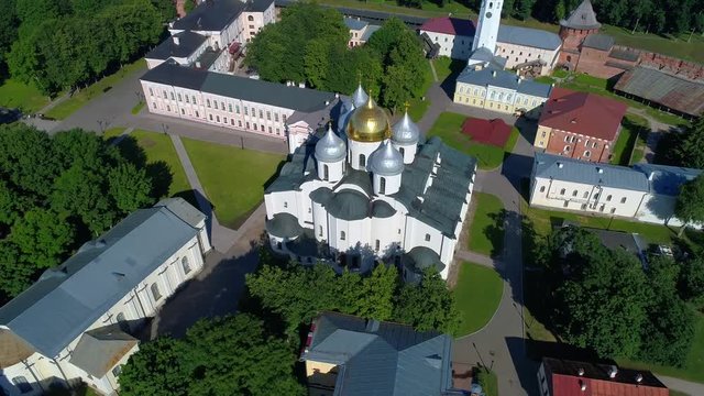 St. Sophia Cathedral in The Kremlin of Novgorod, Sunny June day (aerial). Russia