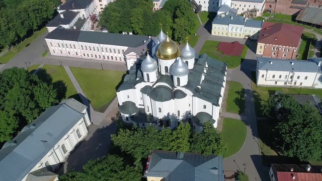 St. Sophia Cathedral in the Kremlin of Veliky Novgorod on a sunny June day (aerial survey). Russia