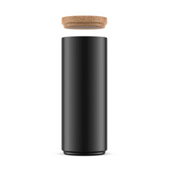 Black Glossy Tin Can Mockup with cork tree lid isolated on white, 3d rendering