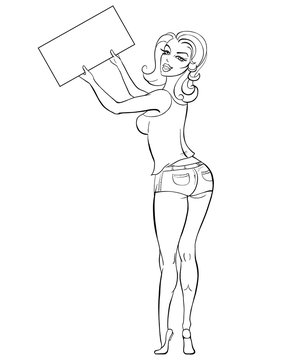 Illustration of woman pinup style holding a board in her hands.