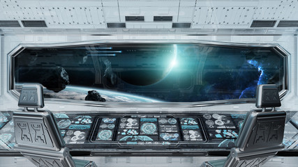White clean spaceship interior with view on planet Earth 3D rendering © sdecoret