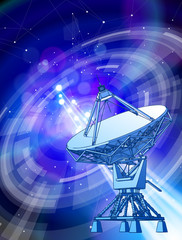 Satellite Dishes Antenna - doppler radar, digital wave and blue technology background - abstract illustration of science, astronomy, information technology, network solutions and digital technologies
