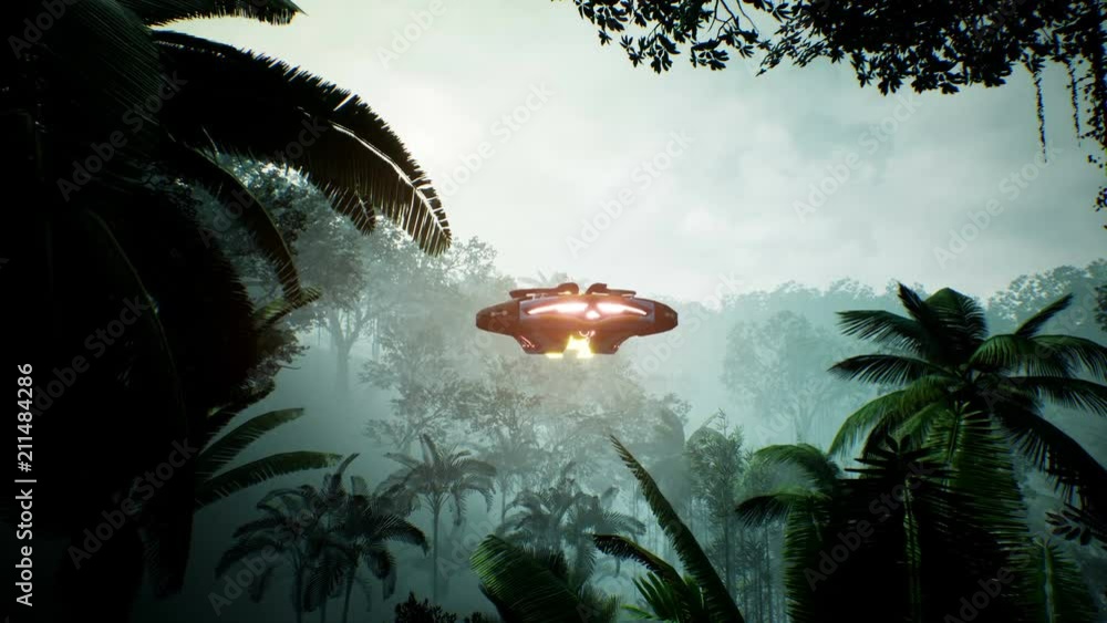 Poster a spaceship flying over an unknown green planet. a futuristic concept of a ufo.