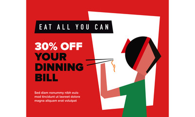 Brunch or Buffet Discount Promotion Design Template for Poster / Social / Banner / Emailer. Flat Vector Illustration of A Person Eating Noodles with Chopsticks. 