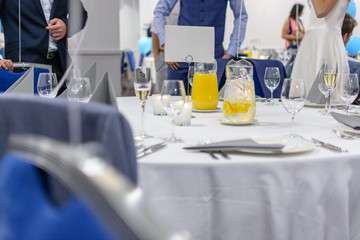 People and copyspace sign at party wedding or prom with white elegant tapis