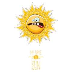 vector funky cartoon style summer sun character isolated on white background. My name is sun concept illustration. funky kids summer character with eyes and mouth