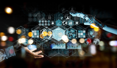 White cyborg hand using digital datas interface 3D rendering